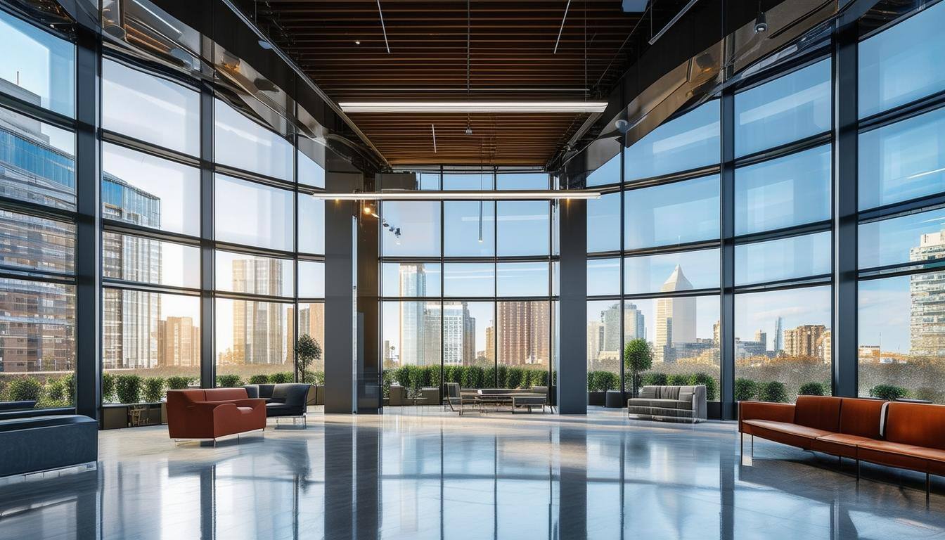 A modern office building with large windows and a sleek design, showcasing efficiency and innovation in property management