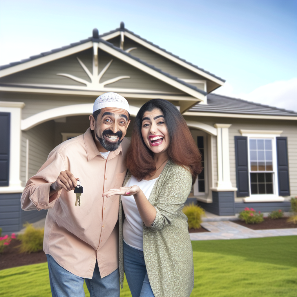 A happy couple holding keys to their new home, sta